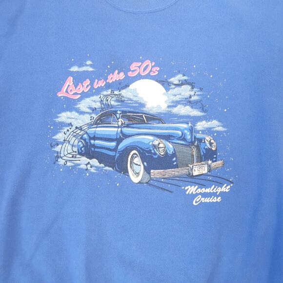 Vintage 90s Johnny Tillotson Blue Classic Car Graphic Sweatshirt XL - Picture 3 of 5